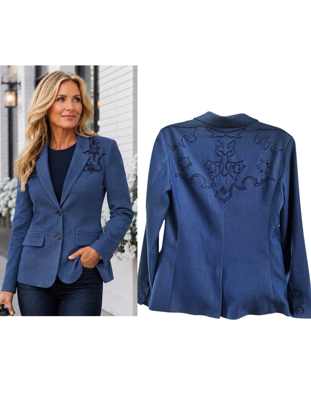 New blue b Denim Color Navy Beaded Cowboy Boot Stitch Pattern Lightweight Blazer